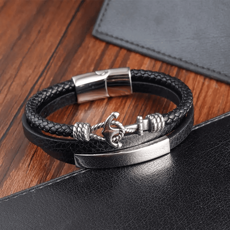 THE MEN THING Leather Bracelet NAUTICAL ANCHOR BLACK - Genuine Leather Multi-Layer Braided Bracelet with Stainless Steel Magnetic Buckle for Men & Boys (8 inch)