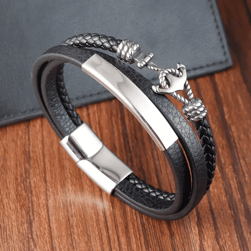THE MEN THING Leather Bracelet NAUTICAL ANCHOR BLACK - Genuine Leather Multi-Layer Braided Bracelet with Stainless Steel Magnetic Buckle for Men & Boys (8 inch)