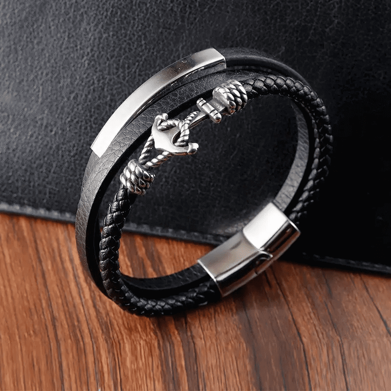 THE MEN THING Leather Bracelet NAUTICAL ANCHOR BLACK - Genuine Leather Multi-Layer Braided Bracelet with Stainless Steel Magnetic Buckle for Men & Boys (8 inch)