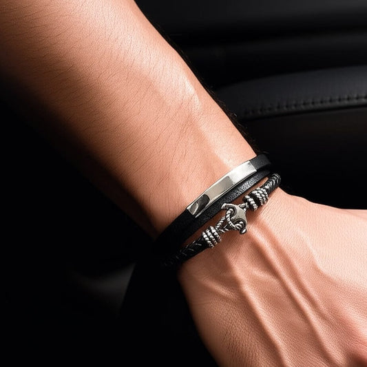 THE MEN THING Leather Bracelet NAUTICAL ANCHOR BLACK - Genuine Leather Multi-Layer Braided Bracelet with Stainless Steel Magnetic Buckle for Men & Boys (8 inch)