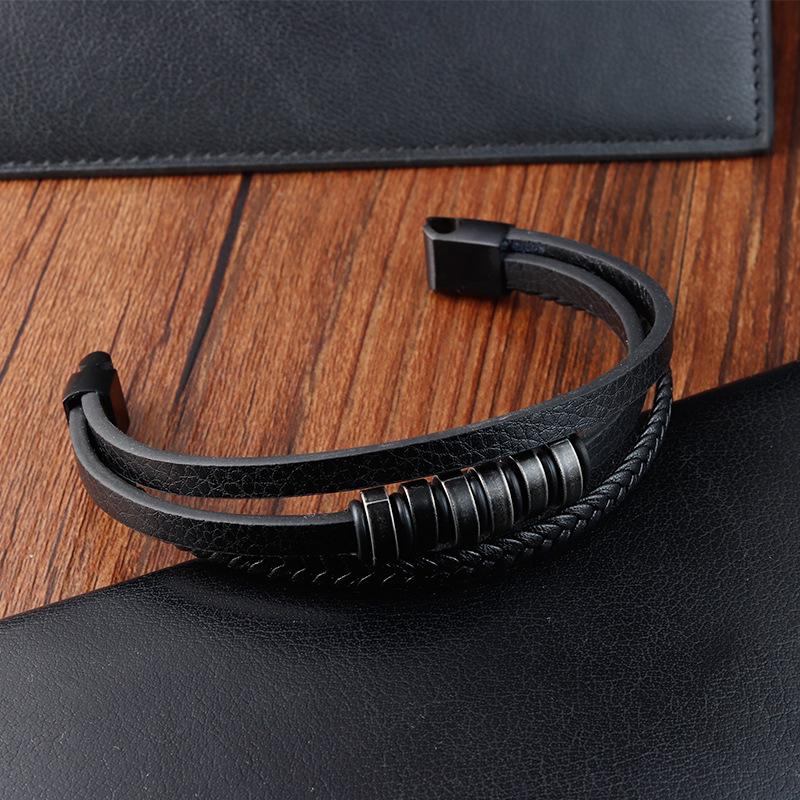 THE MEN THING Leather Bracelet NOIR BRAID BLACK - Genuine Leather Multi-Layer Braided Bracelet with Stainless Steel Magnetic Buckle for Men & Boys (8 inch)