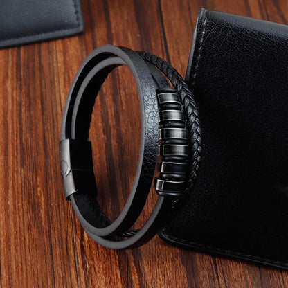 THE MEN THING Leather Bracelet NOIR BRAID BLACK - Genuine Leather Multi-Layer Braided Bracelet with Stainless Steel Magnetic Buckle for Men & Boys (8 inch)