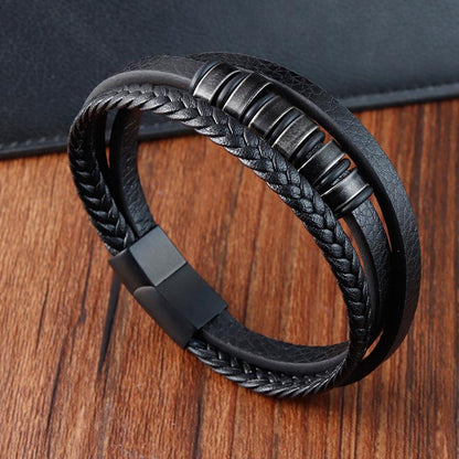 THE MEN THING Leather Bracelet NOIR BRAID BLACK - Genuine Leather Multi-Layer Braided Bracelet with Stainless Steel Magnetic Buckle for Men & Boys (8 inch)