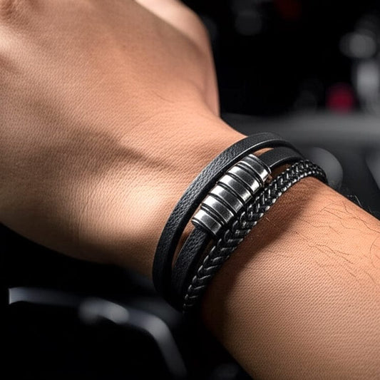 THE MEN THING Leather Bracelet NOIR BRAID BLACK - Genuine Leather Multi-Layer Braided Bracelet with Stainless Steel Magnetic Buckle for Men & Boys (8 inch)