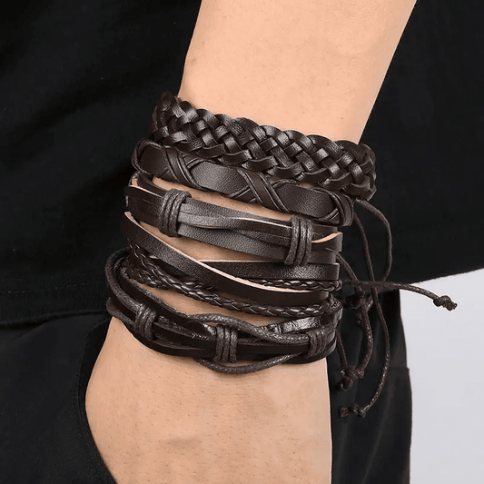 THE MEN THING Leather Bracelet NOMAD KNOTS - 5 Pcs Genuine Braided Leather Bracelet Set for Men & Boys (8 inch)
