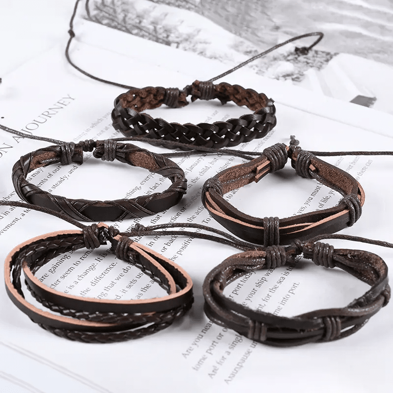 THE MEN THING Leather Bracelet NOMAD KNOTS - 5 Pcs Genuine Braided Leather Bracelet Set for Men & Boys (8 inch)