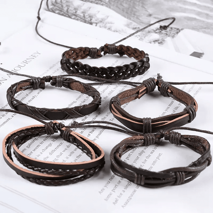 THE MEN THING Leather Bracelet NOMAD KNOTS - 5 Pcs Genuine Braided Leather Bracelet Set for Men & Boys (8 inch)