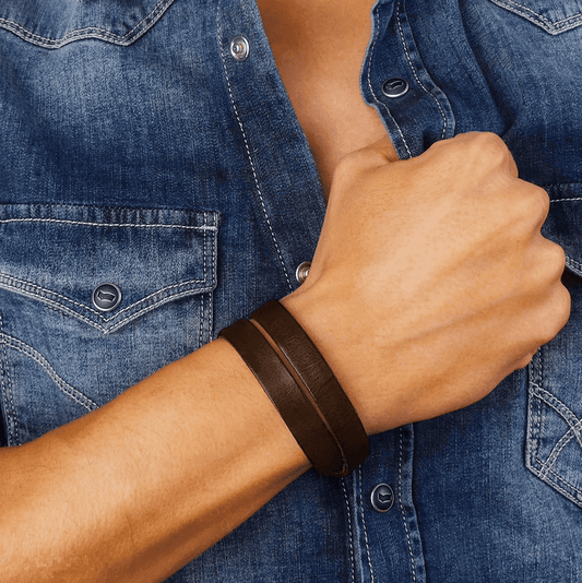 THE MEN THING Leather Bracelet OUTBACK BROWN - Genuine Leather Adjustable Cuff Bracelet with Stainless Steel Hook for Men & Boys
