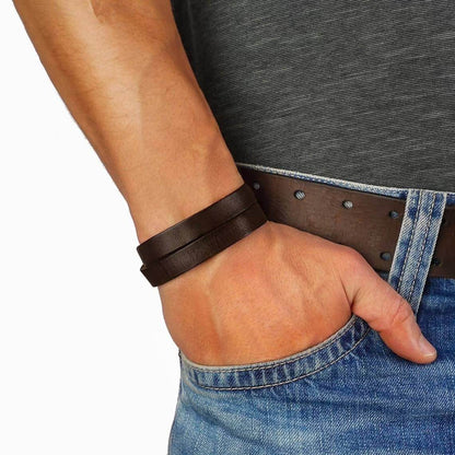 THE MEN THING Leather Bracelet OUTBACK BROWN - Genuine Leather Adjustable Cuff Bracelet with Stainless Steel Hook for Men & Boys