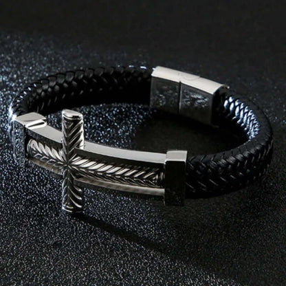 THE MEN THING Leather Bracelet PALADIN CROSS BLACK - Genuine Leather Braided Bracelet with Stainless Steel Magnetic Buckle for Men & Boys (8 inch)