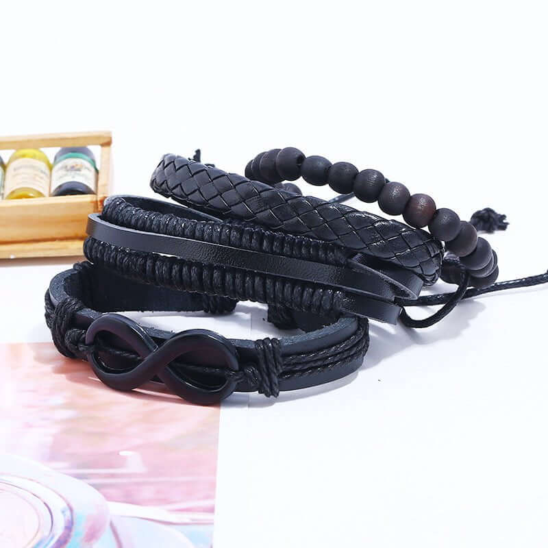 THE MEN THING Leather Bracelet QUADRA-FUSION INFINITY BLACK -  Leather Bracelet for Men - 4Pcs Black Genuine Braided Leather Bracelet Set, Tribal Woven Ethnic Wrap Infinity Bracelet for Men & Boys (8inch)