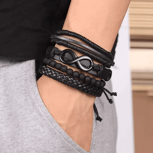 THE MEN THING Leather Bracelet QUADRA-FUSION INFINITY BLACK -  Leather Bracelet for Men - 4Pcs Black Genuine Braided Leather Bracelet Set, Tribal Woven Ethnic Wrap Infinity Bracelet for Men & Boys (8inch)