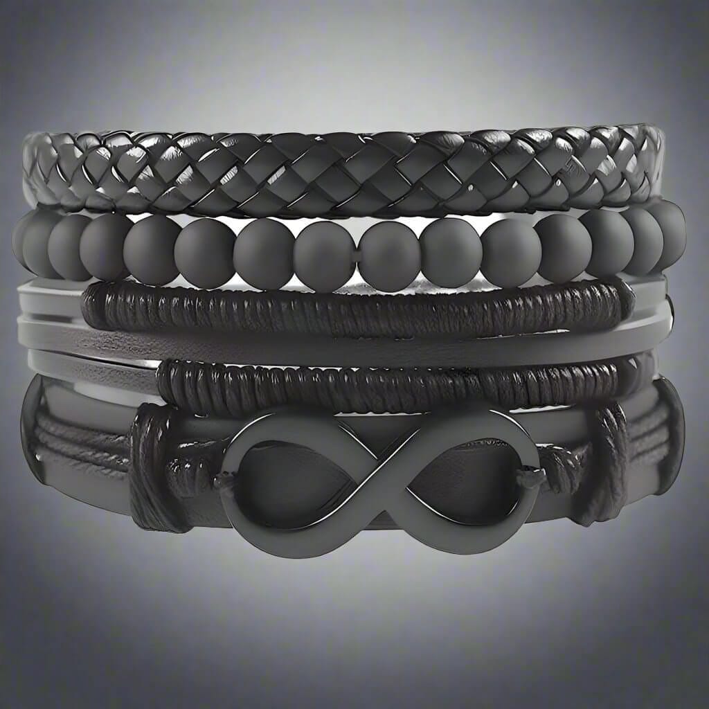 THE MEN THING Leather Bracelet QUADRA-FUSION INFINITY BLACK -  Leather Bracelet for Men - 4Pcs Black Genuine Braided Leather Bracelet Set, Tribal Woven Ethnic Wrap Infinity Bracelet for Men & Boys (8inch)