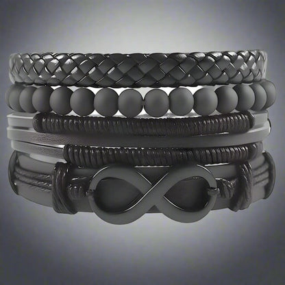 THE MEN THING Leather Bracelet QUADRA-FUSION INFINITY BLACK -  Leather Bracelet for Men - 4Pcs Black Genuine Braided Leather Bracelet Set, Tribal Woven Ethnic Wrap Infinity Bracelet for Men & Boys (8inch)