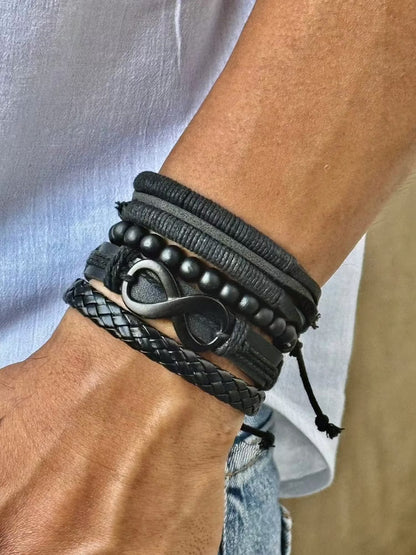 THE MEN THING Leather Bracelet QUADRA-FUSION INFINITY BLACK -  Leather Bracelet for Men - 4Pcs Black Genuine Braided Leather Bracelet Set, Tribal Woven Ethnic Wrap Infinity Bracelet for Men & Boys (8inch)