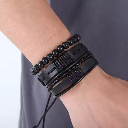 THE MEN THING Leather Bracelet QUANTUM FORCE  -  3 Pcs Genuine Braided Leather Bracelet Set for Men & Boys (8 inch)