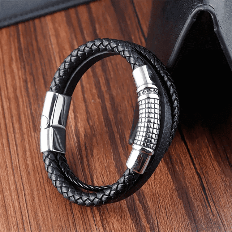 THE MEN THING Leather Bracelet RAVEN NEXA BLACK - Genuine Leather Multi-Layer Braided Bracelet with Stainless Steel Magnetic Buckle for Men & Boys (8 inch)