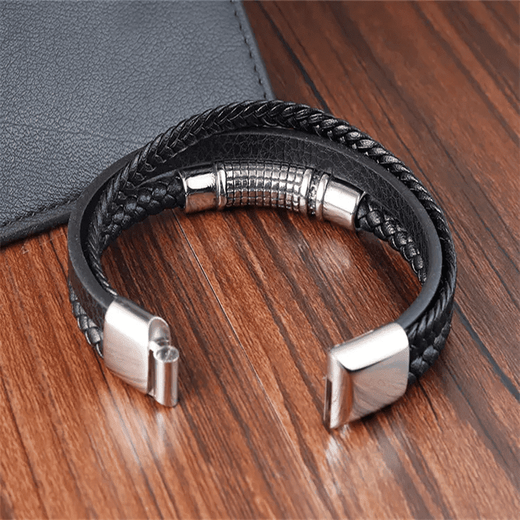 THE MEN THING Leather Bracelet RAVEN NEXA BLACK - Genuine Leather Multi-Layer Braided Bracelet with Stainless Steel Magnetic Buckle for Men & Boys (8 inch)