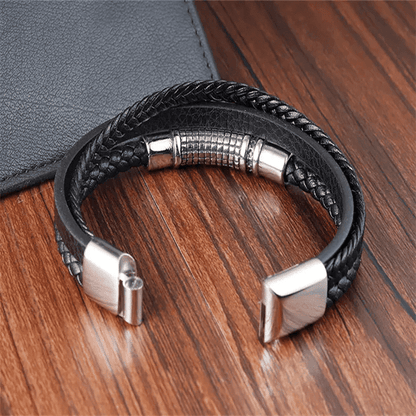 THE MEN THING Leather Bracelet RAVEN NEXA BLACK - Genuine Leather Multi-Layer Braided Bracelet with Stainless Steel Magnetic Buckle for Men & Boys (8 inch)
