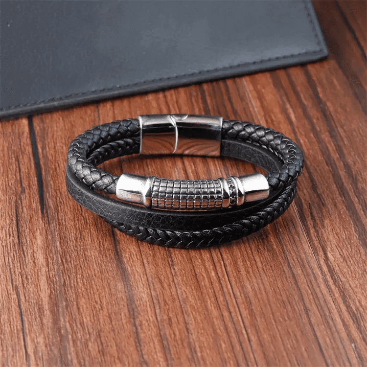 THE MEN THING Leather Bracelet RAVEN NEXA BLACK - Genuine Leather Multi-Layer Braided Bracelet with Stainless Steel Magnetic Buckle for Men & Boys (8 inch)