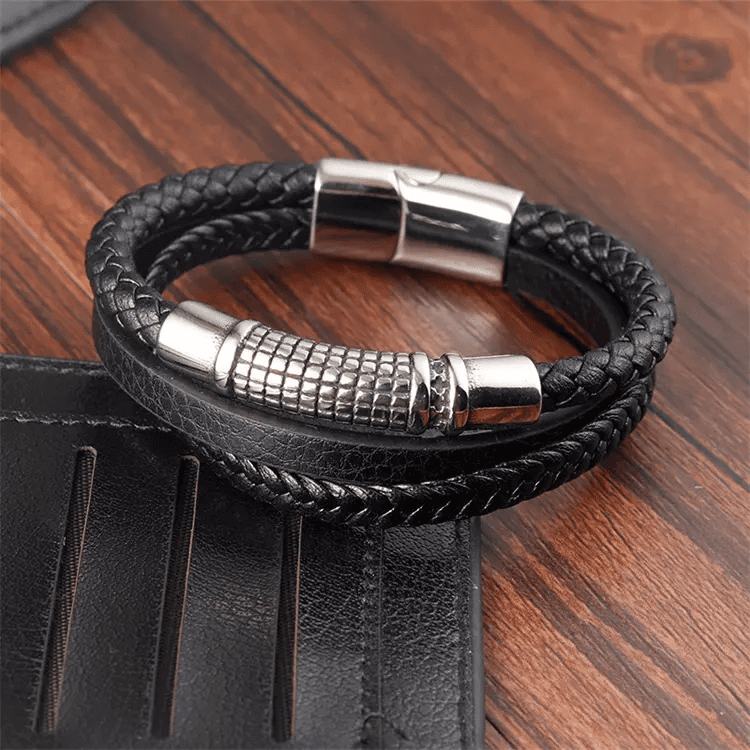 THE MEN THING Leather Bracelet RAVEN NEXA BLACK - Genuine Leather Multi-Layer Braided Bracelet with Stainless Steel Magnetic Buckle for Men & Boys (8 inch)