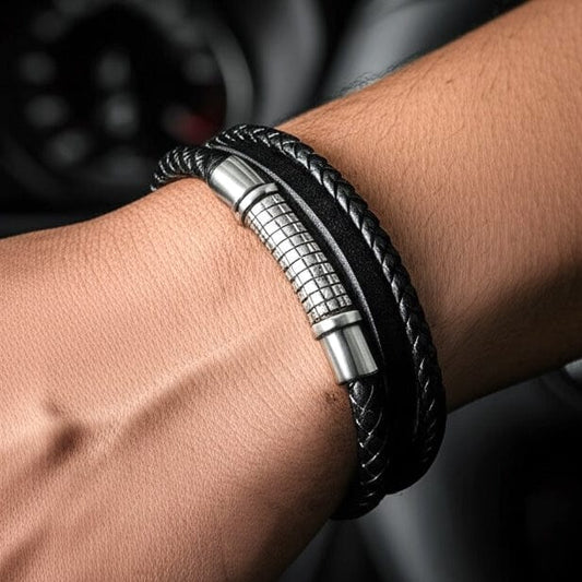 THE MEN THING Leather Bracelet RAVEN NEXA BLACK - Genuine Leather Multi-Layer Braided Bracelet with Stainless Steel Magnetic Buckle for Men & Boys (8 inch)
