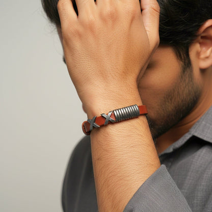 THE MEN THING Leather Bracelet REBEL RUSTX - 10mm Brown Genuine Leather Adjustable Bracelet for Men & Boys (9.8 inch)