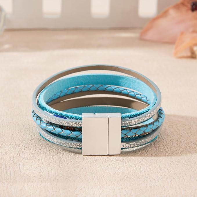 THE MEN THING Leather Bracelet REGALIA - Blue Genuine Braided Leather Bracelet Set for Men & Boys (8 inch)