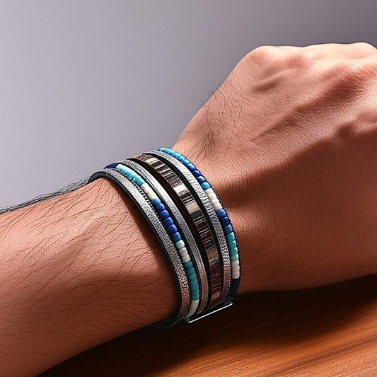THE MEN THING Leather Bracelet REGALIA - Blue Genuine Braided Leather Bracelet Set for Men & Boys (8 inch)