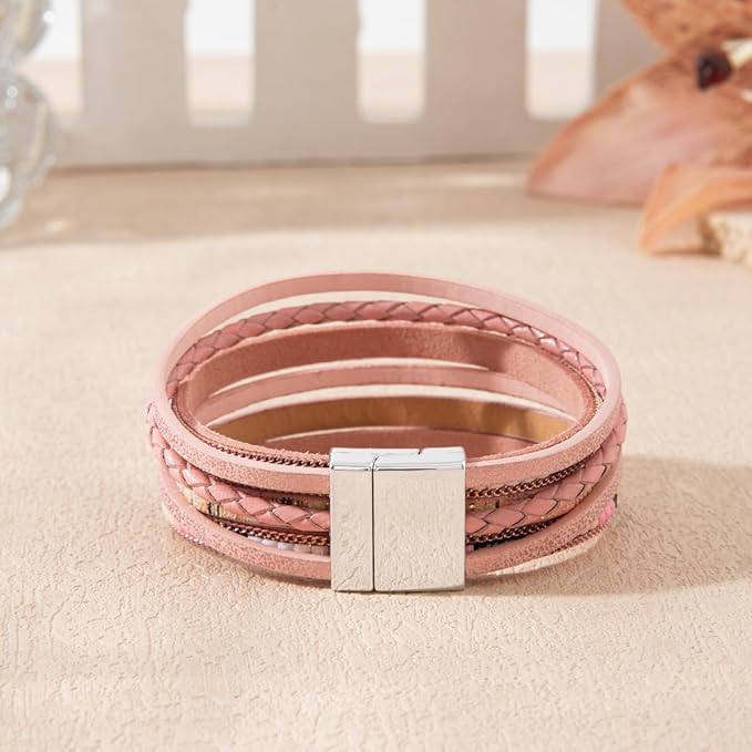 THE MEN THING Leather Bracelet REGALIA - Peach Genuine Braided Leather Bracelet Set for Men & Boys (8 inch)