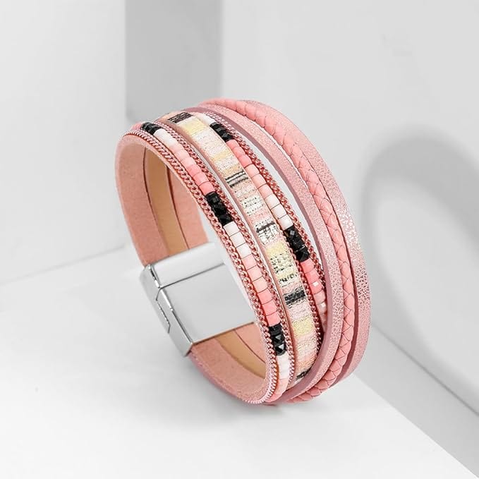 THE MEN THING Leather Bracelet REGALIA - Peach Genuine Braided Leather Bracelet Set for Men & Boys (8 inch)