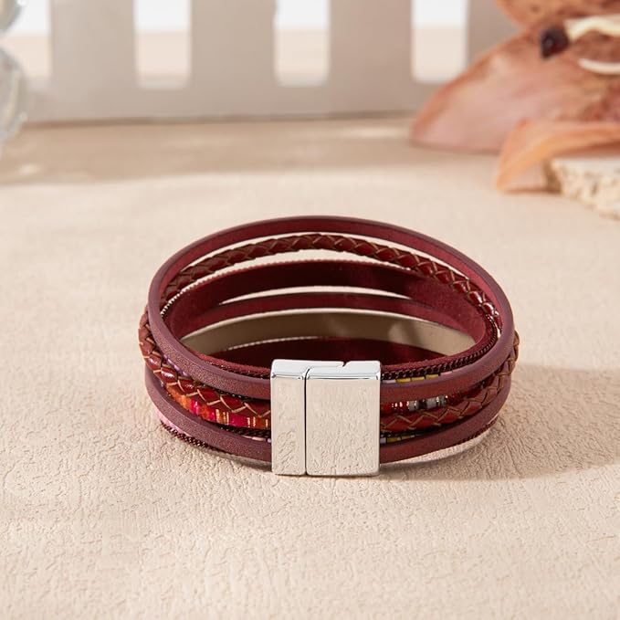 THE MEN THING Leather Bracelet REGALIA - Red Genuine Braided Leather Bracelet Set for Men & Boys (8 inch)