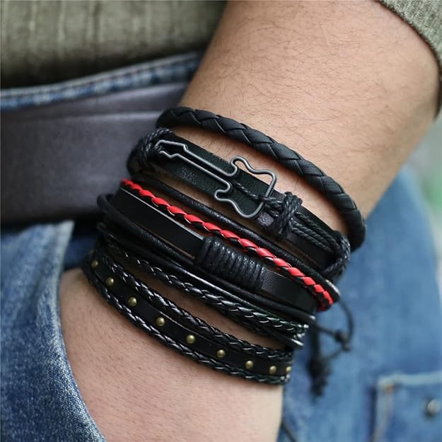 THE MEN THING Leather Bracelet ROCKSTRAP -  5 Pcs Genuine Braided Leather Bracelet Set for Men & Boys (8 inch)