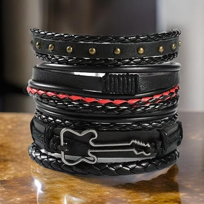 THE MEN THING Leather Bracelet ROCKSTRAP -  5 Pcs Genuine Braided Leather Bracelet Set for Men & Boys (8 inch)