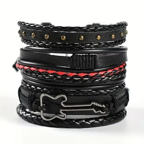 THE MEN THING Leather Bracelet ROCKSTRAP -  5 Pcs Genuine Braided Leather Bracelet Set for Men & Boys (8 inch)