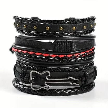 THE MEN THING Leather Bracelet ROCKSTRAP -  5 Pcs Genuine Braided Leather Bracelet Set for Men & Boys (8 inch)