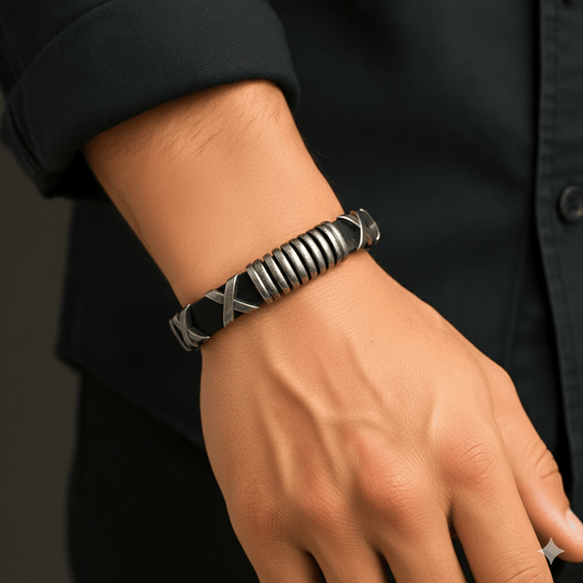 THE MEN THING Leather Bracelet ROGUE X - 10mm Black Genuine Leather Adjustable Bracelet for Men & Boys (9.8 inch)