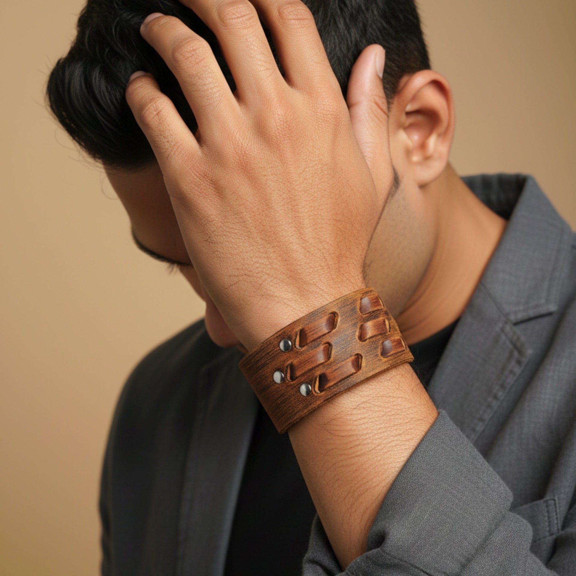 THE MEN THING Leather Bracelet ROUGH TERRAIN - 40.2mm Brown Genuine Leather Adjustable Bracelet for Men & Boys (7.8-8.6-9.2 inch)