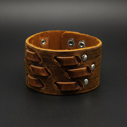 THE MEN THING Leather Bracelet ROUGH TERRAIN - 40.2mm Brown Genuine Leather Adjustable Bracelet for Men & Boys (7.8-8.6-9.2 inch)
