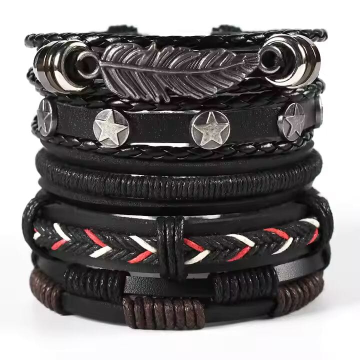 THE MEN THING Leather Bracelet ROYAL SENTINEL -  5 Pcs Genuine Braided Leather Bracelet Set for Men & Boys (8 inch)