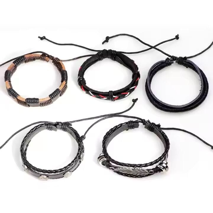 THE MEN THING Leather Bracelet ROYAL SENTINEL -  5 Pcs Genuine Braided Leather Bracelet Set for Men & Boys (8 inch)