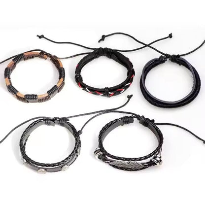 THE MEN THING Leather Bracelet ROYAL SENTINEL -  5 Pcs Genuine Braided Leather Bracelet Set for Men & Boys (8 inch)