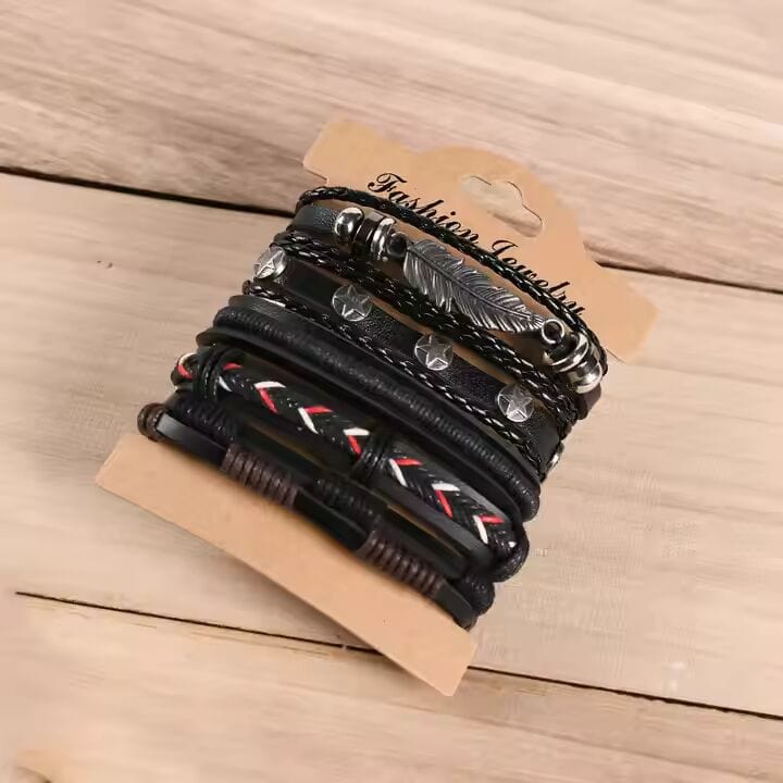 THE MEN THING Leather Bracelet ROYAL SENTINEL -  5 Pcs Genuine Braided Leather Bracelet Set for Men & Boys (8 inch)