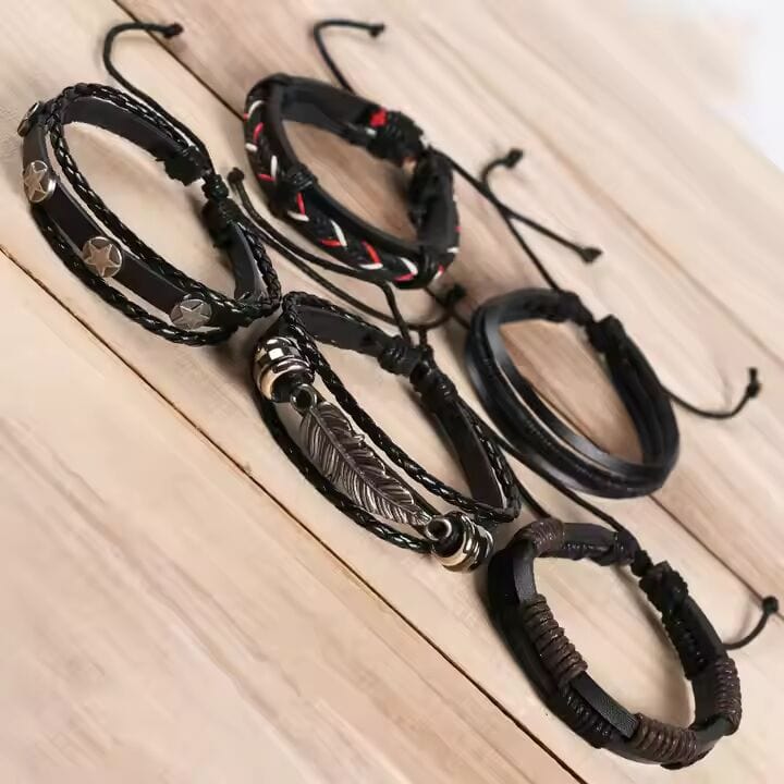 THE MEN THING Leather Bracelet ROYAL SENTINEL -  5 Pcs Genuine Braided Leather Bracelet Set for Men & Boys (8 inch)