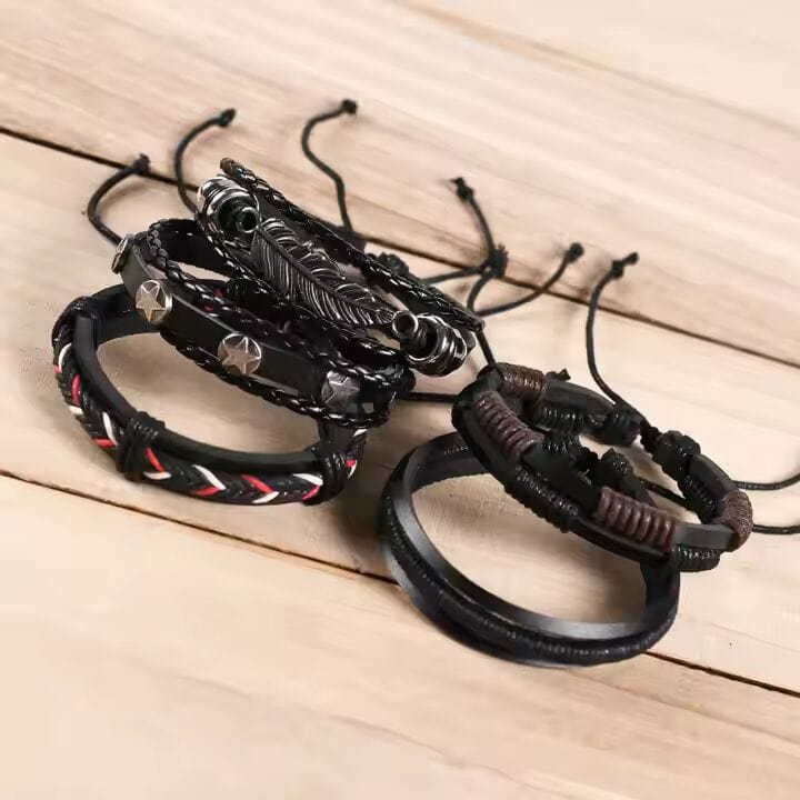 THE MEN THING Leather Bracelet ROYAL SENTINEL -  5 Pcs Genuine Braided Leather Bracelet Set for Men & Boys (8 inch)