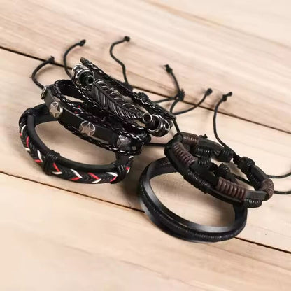 THE MEN THING Leather Bracelet ROYAL SENTINEL -  5 Pcs Genuine Braided Leather Bracelet Set for Men & Boys (8 inch)