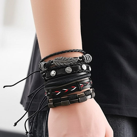 THE MEN THING Leather Bracelet ROYAL SENTINEL -  5 Pcs Genuine Braided Leather Bracelet Set for Men & Boys (8 inch)