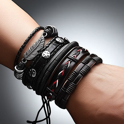 THE MEN THING Leather Bracelet ROYAL SENTINEL -  5 Pcs Genuine Braided Leather Bracelet Set for Men & Boys (8 inch)