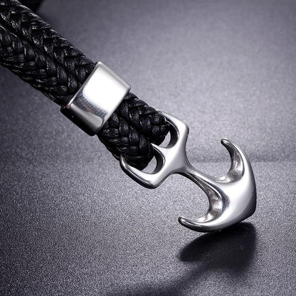 THE MEN THING Leather Bracelet SEAFARER ANCHOR BLACK -  Genuine Leather Double Layer Braided Bracelet with Stainless Steel Anchor Hook for Men & Boys (8 inch)