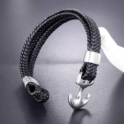 THE MEN THING Leather Bracelet SEAFARER ANCHOR BLACK -  Genuine Leather Double Layer Braided Bracelet with Stainless Steel Anchor Hook for Men & Boys (8 inch)
